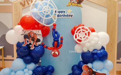 A Spider Man Balloon Installation Featuring Hand-Woven Balloon Spider Web Designs