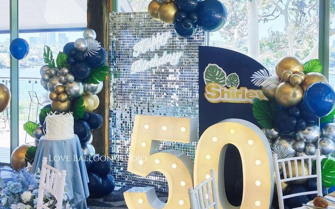 Navy and Gold Balloon Backdrop with Sequin Wall and Illuminated Numbers