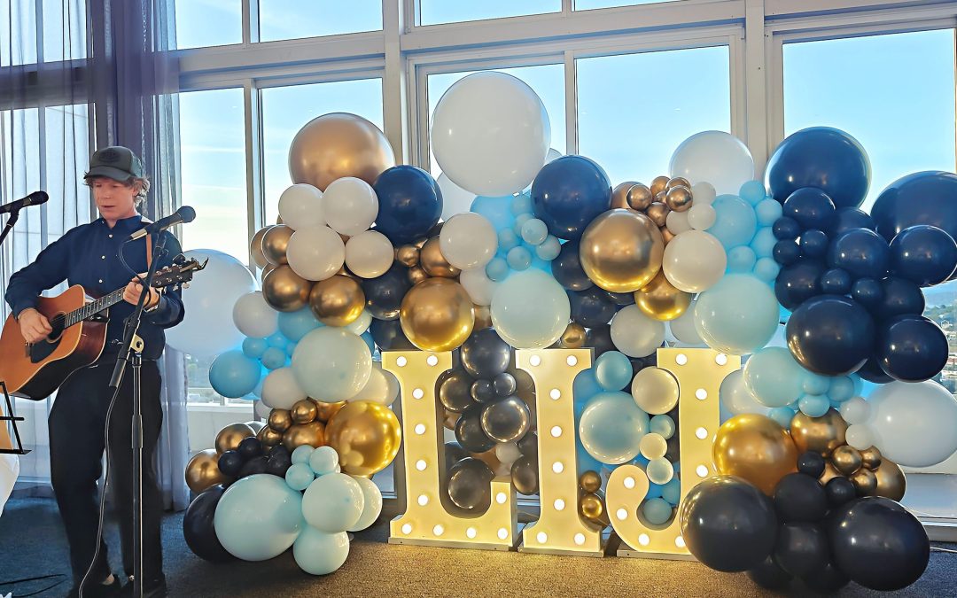 Blue and Gold Balloon Backdrop with Illuminated Letter Display