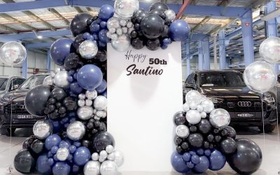 Sophisticated 50th Birthday Balloon Styling in Navy, Black and Silver