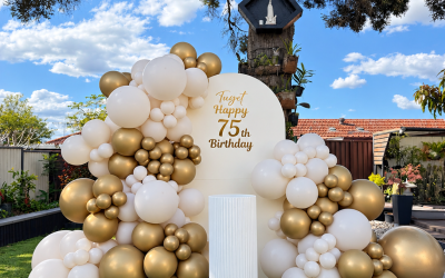 An Elegant 75th Birthday Celebration with Custom White and Gold Balloon Decorations