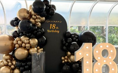Luxury Black and Gold 18th Birthday Balloon Decoration with Personalised Backdrop