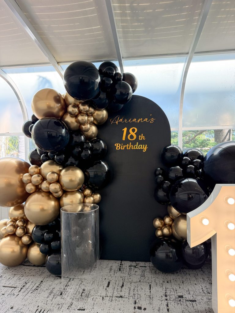 Black and gold 18th Birthday Balloon Decoration featuring personalised circular backdrop and metallic balloon garlands