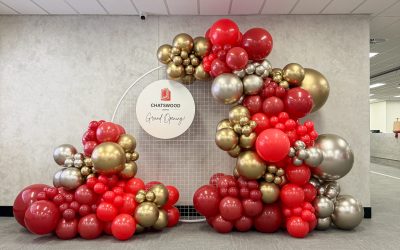 A Bold New Beginning: Red and Gold Balloon Styling for Chatswood Campus Grand Opening